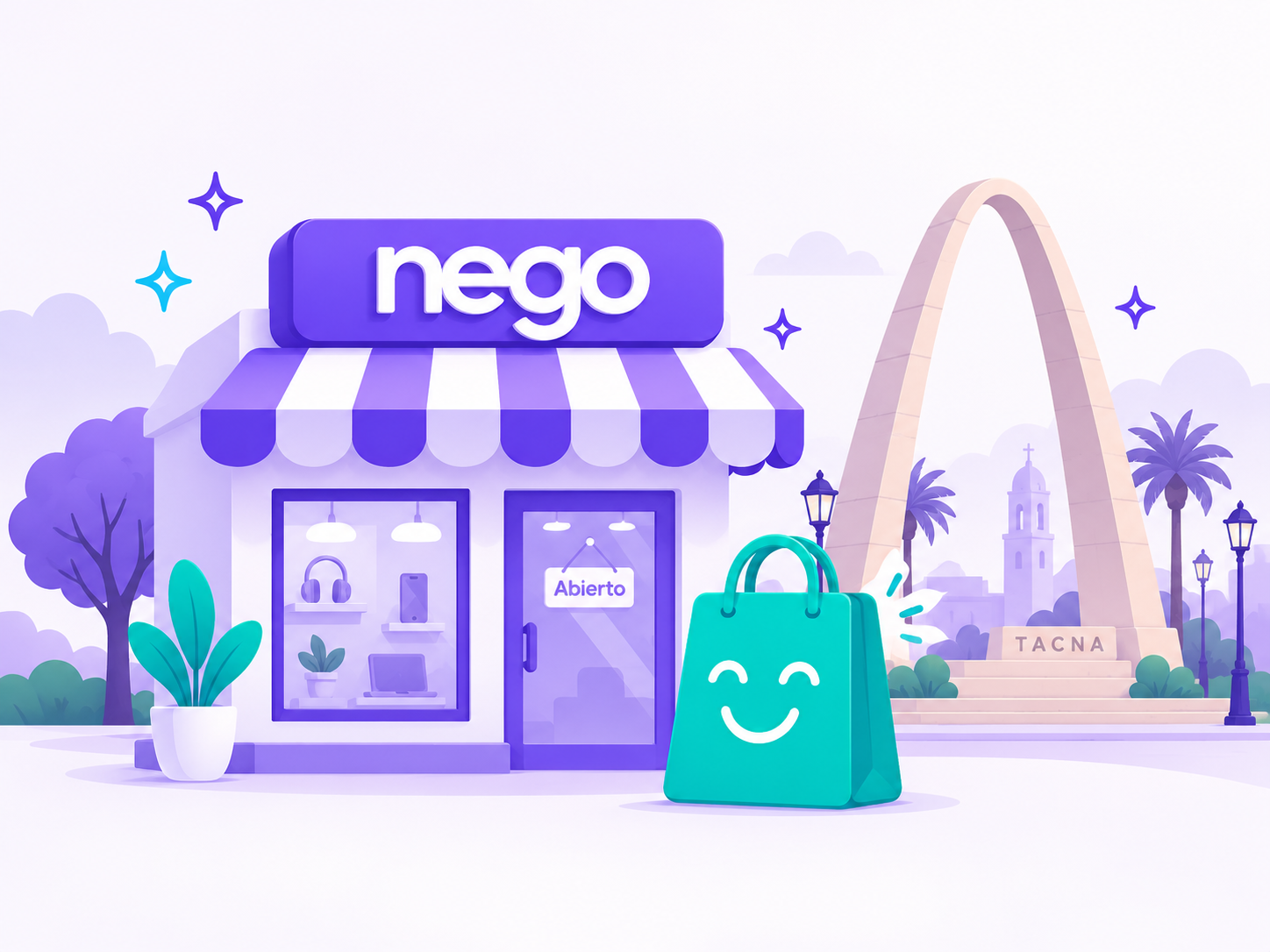 Ilustración de la tienda Nego con un bolso de compras frente al Arco de Tacna